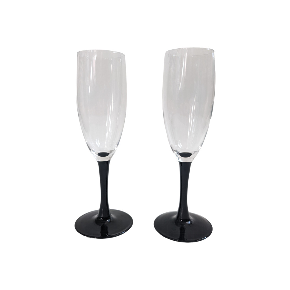 Vintage Black Stem Champagne Glasses, Set‎ of 2, 80's Art Deco Barware